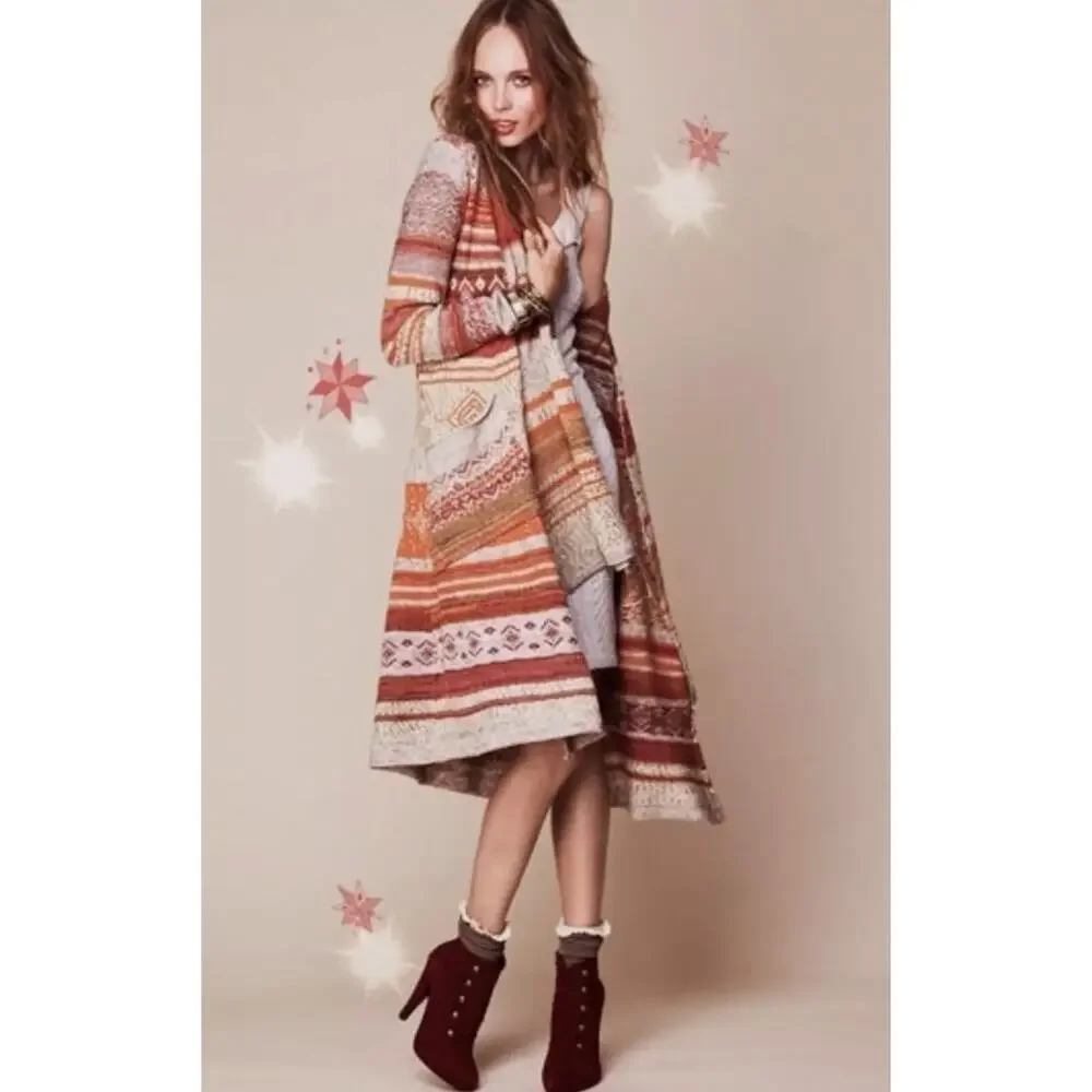 Free People Womens S Orange Cream Yesterdays Smile Boho Maxi Cardigan Rare